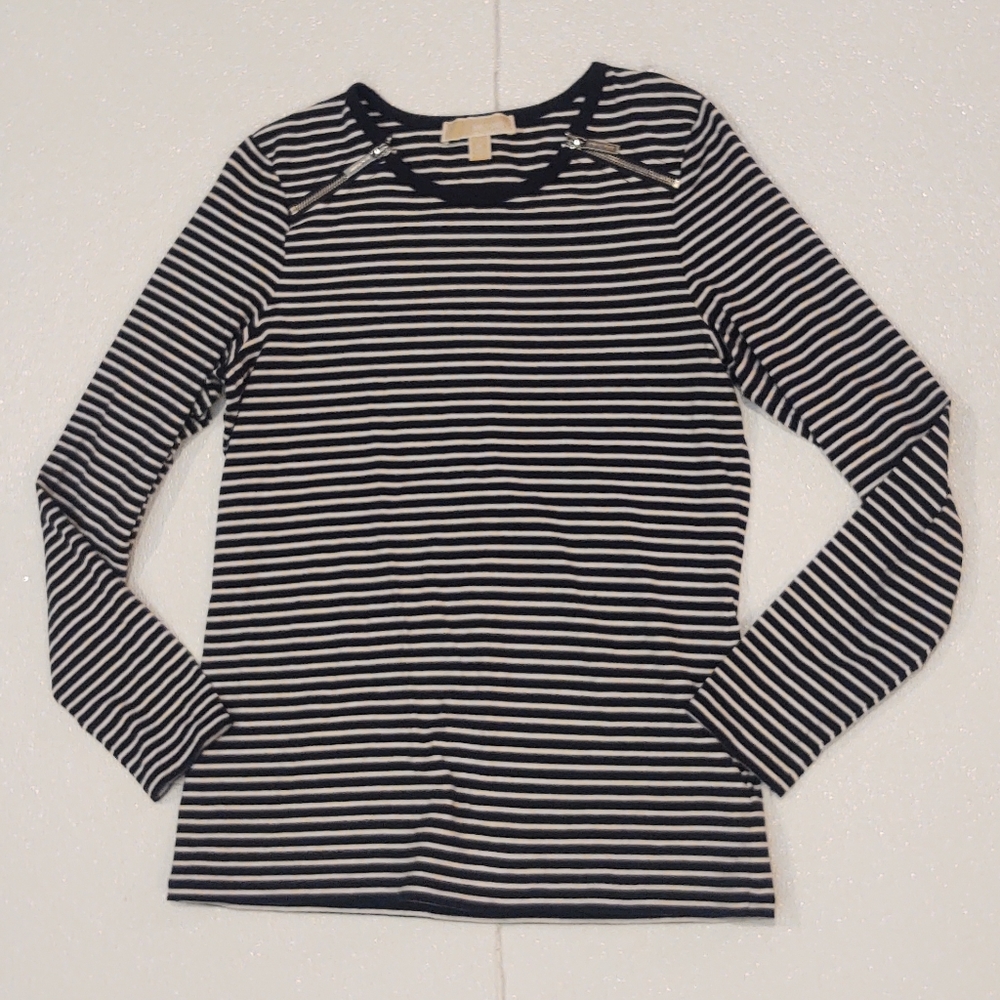 MICHAEL MK Black Striped Nautical Tee w/ Silver Zips